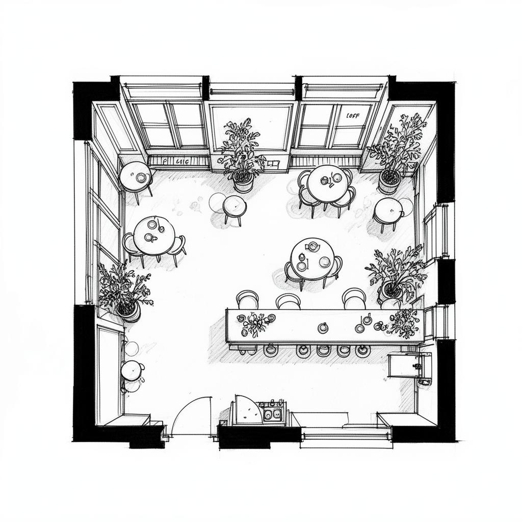 Hand-drawn floor plan of Farberia Art Café